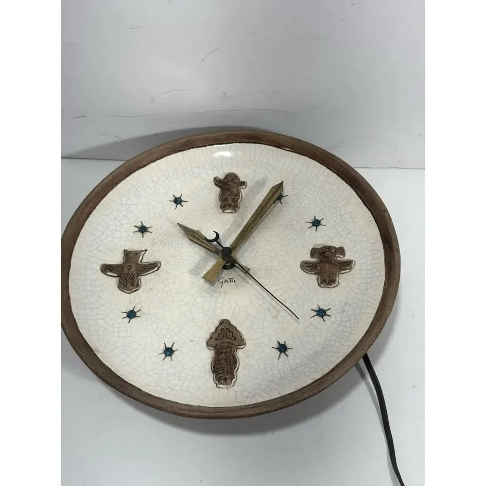 Vintage Signed Gatti Ceramic Native American Tribal Inspired Electric Wall Clock